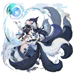 Rule 34 | 1girl, animal ears, backless outfit, black hair, closed mouth, detached tail, dress, floating, hands up, highres, kneehighs, long hair, mole, mole under mouth, multicolored hair, multiple tails, orb, original, pink eyes, socks, solo, tail, white background, white hair, yeon bom