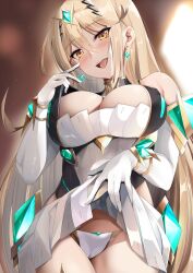 Rule 34 | 1girl, bare legs, bare shoulders, blonde hair, blush, breasts, cameltoe, chest jewel, cleavage, cleavage cutout, clothes lift, clothing cutout, covered erect nipples, daive, dress, earrings, elbow gloves, gloves, headpiece, highres, jewelry, large breasts, long hair, looking at viewer, mythra (xenoblade), nipple slip, nipples, panties, seductive smile, short dress, skirt, skirt lift, smile, solo, swept bangs, tiara, underwear, very long hair, white dress, white gloves, xenoblade chronicles (series), xenoblade chronicles 2, yellow eyes