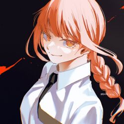 Rule 34 | 1girl, artist name, black background, black necktie, braid, braided ponytail, chainsaw man, collared shirt, highres, ice morinaka, long hair, looking at another, looking at viewer, makima (chainsaw man), necktie, pink hair, ringed eyes, shirt, simple background, smile, solo, white shirt, yellow eyes