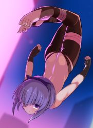 Rule 34 | 1girl, ass, back, backless outfit, bare back, black hairband, black leotard, butt crack, dark-skinned female, dark skin, fate/grand order, fate/prototype, fate/prototype: fragments of blue and silver, fate (series), from behind, hair over one eye, hairband, hassan of serenity (fate), leggings, leotard, purple eyes, purple hair, solo, yoosai