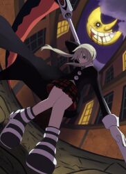 Rule 34 | 1girl, blonde hair, crescent, fighting stance, green eyes, highres, holding, holding scythe, humin chan, knees together feet apart, maka albarn, moon, moon with face, night, night sky, school uniform, scythe, skirt, sky, soul eater, striped clothes, striped footwear, twintails, weapon