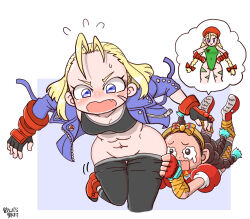 Rule 34 | 2girls, abs, accidental exposure, antenna hair, assisted exposure, black gloves, black hair, black pants, black sports bra, blonde hair, blue eyes, blue jacket, blush, breasts, cammy white, capcom, clothes pull, commentary request, cropped jacket, dark-skinned female, dark skin, falling, fang, fingerless gloves, forehead, gloves, hair slicked back, hairband, jacket, kimberly jackson, long hair, medium breasts, midriff, multiple girls, navel, no panties, nondaranomura, pants, pants pull, pulling another&#039;s clothes, quad braids, red footwear, red gloves, short hair, single vambrace, smartwatch, speech bubble, sports bra, street fighter, street fighter 6, tearing up, vambraces, watch, wide hips, wristwatch, yellow hairband, yoga pants