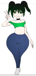 Rule 34 | 1girl, ass, choker, clothes, female focus, flat chest, green eyes, green hair, huge ass, looking at viewer, pants, smile, solo, tagme, thick thighs, thighs, tight clothes, twintails, wide hips, zonen404