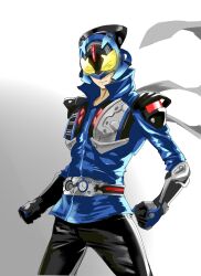Rule 34 | 1boy, absurdres, aoi shouta, armor, black pants, blue jacket, chinese commentary, clenched hands, collared jacket, commentary request, cowboy shot, driver (kamen rider), eyes visible through headwear, gradient background, grey background, helmet, highres, jacket, kamen rider, kamen rider zi-o (series), looking at viewer, male focus, pants, parody, pocket watch, poptepipic, rider belt, serious, shoulder armor, stance, watch, white background, zuolun cannon