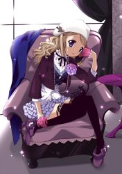 Rule 34 | 1girl, ankle boots, antique phone, beret, black thighhighs, blazer, blonde hair, blush, boots, chair, corded phone, couch, cropped jacket, curtains, fashion, gloves, half gloves, hat, head scarf, indoors, jacket, jewelry, legs, looking at viewer, matsuda98, necklace, non-web source, original, phone, purple eyes, rotary phone, sidelocks, sitting, solo, sparkle, talking on phone, tareme, thighhighs, window, zettai ryouiki