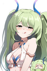Rule 34 | 1girl, :q, absurdres, bare shoulders, bendy straw, blush, breasts, brown eyes, chibi, chibi inset, cleavage, closed mouth, commentary request, cup, disposable cup, drinking straw, earrings, green hair, highres, honkai (series), honkai impact 3rd, horns, jewelry, long hair, looking at viewer, marin liekuriva, medium breasts, mobius (daughter of corals) (honkai impact), mobius (honkai impact), multiple views, simple background, smile, tongue, tongue out, two side up, upper body, very long hair, white background