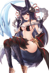 Rule 34 | 1girl, ;d, animal ears, bad id, bad pixiv id, bare shoulders, bell, bikini, blue hair, blush, breasts, choker, erune, fang, fox ears, fox shadow puppet, fox tail, fur, fuwawa (fuwawa617), gloves, granblue fantasy, hair bell, hair ornament, hair ribbon, highres, jingle bell, large breasts, long hair, looking at viewer, one eye closed, open mouth, red eyes, ribbon, simple background, smile, solo, spirit, swimsuit, tail, thighhighs, white background, yuel (granblue fantasy)