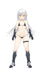 Rule 34 | 1girl, @ @, absurdres, armored boots, bare shoulders, bikini, black bikini, blush, boots, breasts, brown eyes, full body, gauntlets, grey footwear, groin, hair between eyes, highres, jyt, long hair, looking at viewer, nose blush, open mouth, original, simple background, skindentation, small breasts, solo, standing, sweat, swimsuit, thigh strap, very long hair, white background, white hair
