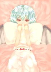 Rule 34 | 1girl, bloomers, circlek, female focus, hugging object, pillow, pillow hug, remilia scarlet, solo, touhou, underwear, white bloomers, wings