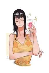 Rule 34 | absurdres, black hair, blunt bangs, closed eyes, collared shirt, commentary, cup, floral print, highres, holding, holding cup, iago fn, long hair, nico robin, one piece, portuguese commentary, shirt, sleeveless, sleeveless shirt, smile, solo, star (symbol), upper body, yellow shirt