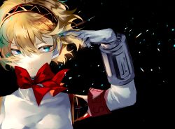Rule 34 | 1girl, aegis (persona), armband, black background, blonde hair, bow, bowtie, floating hair, hair between eyes, looking to the side, lor (roasyerizyonirapi), open mouth, persona, persona 3, portrait, red bow, red bowtie, short hair, solo
