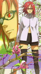 Rule 34 | 1girl, black thighhighs, female focus, flower, glasses, karin (naruto), looking at viewer, naruto (series), naruto shippuuden, navel, red eyes, red hair, shuriken (artist), solo, standing, thighhighs
