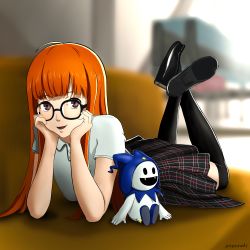 Rule 34 | 1girl, absurdres, ahoge, arms up, black footwear, black skirt, black thighhighs, blunt bangs, blurry, blurry background, collar, collared shirt, couch, dress shirt, feet up, glasses, hands on own cheeks, hands on own face, hands up, happy, highres, hime cut, jack frost (megami tensei), legs up, long hair, lying, on couch, on stomach, open mouth, orange hair, pegozuki, persona, persona 5, pleated skirt, sakura futaba, school uniform, shirt, shoes, short sleeves, shuujin academy school uniform, simple background, skirt, smile, solo, stuffed toy, teeth, thighhighs, v arms, white shirt