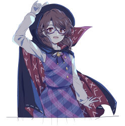 Rule 34 | 1girl, :d, arm up, black cape, black hat, bow, brown eyes, brown hair, cape, cowboy shot, fedora, glasses, gloves, hair between eyes, hat, hat bow, high collar, highres, long sleeves, looking at viewer, low twintails, open mouth, plaid, plaid skirt, plaid vest, pleated skirt, purple skirt, purple vest, red-framed eyewear, shirt, short hair, simple background, skirt, skirt set, smile, solo, standing, touhou, twintails, uranaishi (miraura), usami sumireko, vest, white background, white bow, white gloves, white shirt