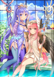 Rule 34 | 2girls, :o, apple, asymmetrical footwear, banana, blouse, blue eyes, blue hair, boots, breasts, brown eyes, chalice, circe (fate), cleavage, commentary request, cup, day, fate/grand order, fate (series), food, fruit, gloves, grapes, halterneck, head wings, higeneko, high heel boots, high heels, highres, indoors, jewelry, long hair, looking at viewer, medea (lily) (fate), mismatched footwear, multiple girls, necklace, pelvic curtain, pink hair, pixiv fate/grand order contest 2, plant, plate, pointy ears, ponytail, see-through, shirt, sitting, skirt, sleeveless, sleeveless shirt, small breasts, staff, thigh boots, thighhighs, very long hair, white shirt, wings