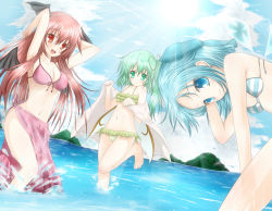 Rule 34 | 3girls, bad id, bad pixiv id, barefoot, bat wings, bikini, blue eyes, blue hair, blush, bow, breasts, cirno, cleavage, cloud, daiyousei, day, embodiment of scarlet devil, fairy wings, frilled bikini, frills, front-tie top, green eyes, green hair, hair bow, head wings, highres, ice, koakuma, large breasts, light rays, long hair, multiple girls, navel, open mouth, outdoors, red eyes, red hair, ribbon, sarong, short hair, side ponytail, sky, smile, striped bikini, striped clothes, sun, sunbeam, sunlight, swimsuit, toranashi, touhou, towel, unworn sarong, wading, water, wings