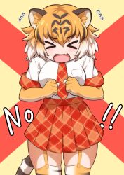 Rule 34 | &gt; &lt;, 1girl, animal ears, animal print, black hair, blush, clenched hands, cowboy shot, elbow gloves, english text, ev (kemomimizuku), fang, garter straps, gloves, hair between eyes, highres, kemono friends, multicolored hair, necktie, open mouth, orange gloves, orange hair, plaid, plaid necktie, plaid skirt, plaid trim, pleated skirt, print thighhighs, red necktie, red skirt, red trim, shirt, short hair, short sleeves, sidelocks, skirt, solo, t-shirt, tail, thighhighs, tiger (kemono friends), tiger ears, tiger girl, tiger print, tiger tail, white hair, white shirt, zettai ryouiki