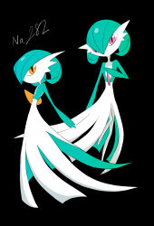 Rule 34 | 2girls, alternate color, arm at side, black background, blue hair, blue skin, bob cut, closed mouth, colored skin, creatures (company), expressionless, female focus, flat chest, from side, full body, game freak, gardevoir, gen 3 pokemon, green hair, green skin, hair between eyes, hand on own chest, hand up, happy, highres, looking at viewer, multicolored skin, multiple girls, nintendo, orange eyes, pokedex number, pokemon, pokemon (creature), profile, red eyes, rve, shiny and normal, shiny pokemon, short hair, simple background, smile, standing, two-tone skin, white skin