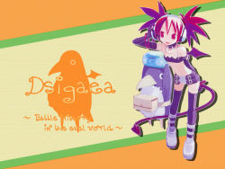 Rule 34 | 1girl, :d, arm behind back, bare shoulders, bat wings, belt, bikini, bikini top only, bird, boombox, boots, choker, copyright name, demon girl, demon tail, disgaea, elbow gloves, english text, etna (disgaea), flat chest, from side, full body, gloves, gradient hair, hand on own ear, harada takehito, headphones, makai senki disgaea 2, midriff, mini wings, miniskirt, multicolored hair, object on head, official art, official wallpaper, open mouth, parted bangs, pencil skirt, penguin, prinny, purple belt, purple bikini, purple thighhighs, red eyes, red hair, short twintails, skirt, smile, solo, spiked hair, swimsuit, tail, thighhighs, twintails, typo, wallpaper, wings, zettai ryouiki