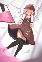 Rule 34 | 1girl, animal ears, bird ears, bird wings, black thighhighs, blush, brown dress, brown hat, closed eyes, closed mouth, collared shirt, commission, dress, earrings, feathered wings, feathers, frilled dress, frilled sleeves, frills, hat, highres, jewelry, long sleeves, mystia lorelei, pink hair, pixiv commission, shirt, short hair, single earring, sleeve garter, solarisu, solo, thighhighs, touhou, white shirt, white wings, winged hat, wings