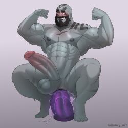 1boy absurdres anal anal_object_insertion armpits bald bara beard blush colored_skin completely_nude critical_role dildo dildo_riding double_biceps_pose drooling dungeons_&amp;_dragons dungeons_&amp;_dragons erection facial_hair facial_tattoo flexing full_body gradient_background grey_skin grog_strongjaw highres huge_penis luiixury_art male_focus male_penetrated mature_male mouth_drool muscular muscular_male mustache naughty_face navel nipples nude object_insertion pectorals penis saliva sex_toy shoulder_tattoo simple_background solo squatting strongman_waist sweat tattoo testicles the_legend_of_vox_machina thick_beard thick_eyebrows thick_mustache uncensored