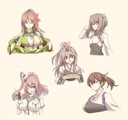 Rule 34 | 5girls, amagi (kancolle), black gloves, breast pocket, breasts, brown hair, closed mouth, cropped torso, dress, fingerless gloves, flat chest, flower, food, gloves, hachimaki, hair between eyes, hair flower, hair ornament, headband, headgear, holding, huge breasts, japanese clothes, kaga (kancolle), kantai collection, kimono, large breasts, long hair, multiple girls, muneate, omelet, one eye closed, open mouth, pocket, ponytail, saratoga (kancolle), short hair, short sleeves, side ponytail, sidelocks, simple background, suke (share koube), taihou (kancolle), tamagoyaki, upper body, wide sleeves, yellow background, zuihou (kancolle)