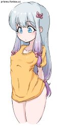Rule 34 | 1girl, arched back, arms behind back, blue eyes, bottomless, bow, breasts, closed mouth, collarbone, covered navel, cowboy shot, eromanga sensei, eyelashes, gradient hair, grey hair, hair bow, highres, izumi sagiri, legs together, light blush, long hair, looking away, multicolored hair, no bra, pink bow, prisma ko, purple hair, shirt, short sleeves, sidelocks, small breasts, solo, standing, straight hair, white background, yellow shirt