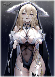 Rule 34 | 1girl, absurdres, azur lane, bare shoulders, blonde hair, breasts, covered navel, cowboy shot, habit, hair between eyes, halo, highres, horns, implacable (azur lane), large breasts, liuyun baihua, long hair, long sleeves, looking at viewer, nun, open mouth, pelvic curtain, red eyes, revealing clothes, solo, thighhighs, veil, wide sleeves