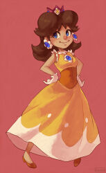 Rule 34 | 1girl, alternate costume, artist name, blue eyes, breasts, brooch, brown hair, closed mouth, commentary, crown, dark-skinned female, dark skin, dress, earrings, english commentary, eyelashes, flipped hair, flower earrings, frilled gloves, frills, full body, gem, gloves, gradient background, hands on own hips, high heels, jewelry, long dress, long hair, looking at viewer, luisa rafidi, makeup, mario (series), mascara, medium breasts, mixed-language commentary, necklace, nintendo, nose, orange footwear, parted hair, princess daisy, red background, red headwear, shoes, signature, simple background, sleeveless, sleeveless dress, smile, solo, standing, super mario land, white gloves, yellow dress