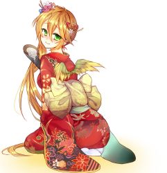 Rule 34 | 1girl, bird wings, blush, commentary request, cup, flower, green eyes, hair flower, hair ornament, highres, japanese clothes, kanataww, kimono, leilan (p&amp;d), long hair, looking back, orange hair, puzzle &amp; dragons, sakazuki, side ponytail, sitting, smile, solo, wariza, wings