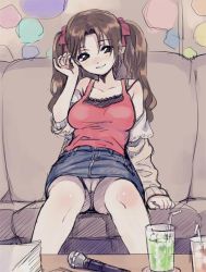 Rule 34 | 1girl, amezawa koma, black eyes, blush, bow, breasts, brown hair, cameltoe, cleft of venus, couch, denim, denim skirt, glass, hair bow, hand up, jacket, large breasts, long sleeves, looking at viewer, microphone, miniskirt, original, panties, pantyshot, red bow, red shirt, seductive smile, shirt, sitting, skirt, smile, solo, twintails, underwear, white panties
