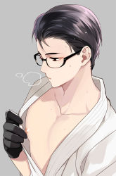 Rule 34 | 1boy, bad id, bad pixiv id, black gloves, black hair, glasses, gloves, grey background, joseph oda, male focus, nipples, open clothes, open shirt, shirt, short hair, simple background, solo, the evil within, wet, wet hair, yasuda (fareast blade)