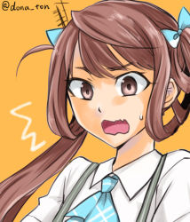 Rule 34 | 10s, 1girl, ^^^, antennae, asagumo (kancolle), ascot, bad id, bad pixiv id, blue bow, bow, brown eyes, brown hair, hair bow, kantai collection, long hair, looking at viewer, miso dengaku (donadonaton), orange background, shirt, simple background, solo, surprised, suspenders, sweatdrop, twitter username, wavy mouth, white shirt