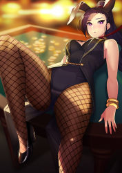 Rule 34 | 1girl, absurdres, black hair, blurry, blush, bracelet, breasts, casino card table, coin, commentary request, depth of field, dragon quest, dragon quest xi, heart, heart-shaped pupils, high heels, highres, jewelry, kagematsuri, leash, leotard, long hair, martina (dq11), pantyhose, playboy bunny, purple eyes, rabbit girl, solo, symbol-shaped pupils, table, thighs