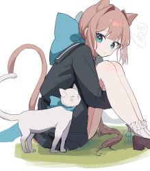 Rule 34 | 1girl, :o, ahute, animal ears, ankle socks, antenna hair, bad id, bad pixiv id, blue eyes, blush, bow, brown hair, cat, cat ears, cat girl, cat tail, hair bow, hair intakes, heart, heart tail, highres, hugging own legs, knees up, large bow, long hair, looking at animal, looking to the side, on grass, original, parted lips, pleated skirt, ponytail, school uniform, serafuku, sitting, skirt, socks, solo, tail, very long hair, white cat
