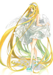 Rule 34 | 1girl, absurdly long hair, angel, angel wings, aqua eyes, aqua footwear, bare shoulders, blonde hair, bow, commentary, dress, frilled dress, frills, full body, hair bow, hair ornament, hairclip, half-closed eyes, high heels, highres, kagamine rin, layered dress, long hair, looking down, reflection, skirt hold, standing, swept bangs, very long hair, vocaloid, white bow, white dress, whiteskyash, wings