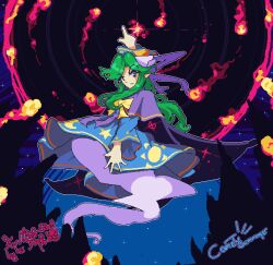 Rule 34 | 1girl, angry, bow, cape, comet summoner98, crescent, dress, fireball, ghost tail, green eyes, green hair, hat, long hair, mima (touhou), night, night sky, pixel art, pointing, pointing up, pointy ears, profile, signature, sky, solo, star (symbol), sun print, sun symbol, touhou, touhou (pc-98), wide sleeves, wizard hat, yellow bow