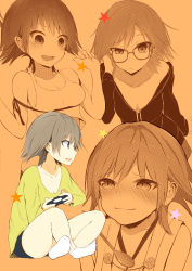 Rule 34 | 1girl, bespectacled, blush, breasts, brown hair, casual, controller, detached sleeves, game controller, glasses, hiei (kancolle), highres, kantai collection, medium breasts, no shoes, nontraditional miko, off shoulder, open mouth, parody, rei no himo, ribbon, short hair, small breasts, smile, socks, sune (mugendai), suneo, swimsuit, wavy mouth, white legwear