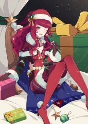 Rule 34 | 1girl, bodysuit, box, breasts, cape, christmas, cleavage, crml orng, facial mark, fire emblem, fire emblem engage, fire emblem heroes, gift, gift box, hair ornament, hat, highres, holding, holly hair ornament, long hair, medium breasts, multicolored cape, multicolored clothes, nintendo, official alternate costume, red bodysuit, red cape, red eyes, red hair, santa hat, smile, solo, star (symbol), star facial mark, star hair ornament, star print, yunaka (fire emblem), yunaka (fire emblem) (spirited envoy)