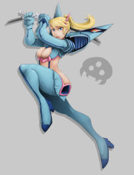 Rule 34 | 10s, 1girl, adapted costume, bad deviantart id, bad id, bankage, blonde hair, blue eyes, blue footwear, boots, breasts, cleavage, cleavage cutout, clothing cutout, crossover, dagger, dual wielding, fusion, grey background, hair ornament, hairclip, high heel boots, high heels, holding, junketsu, kamui (kill la kill), katana, kill la kill, knife, large breasts, lips, long hair, making-of available, metroid, metroid (creature), nintendo, ponytail, reverse grip, samus aran, shiny clothes, short sword, suspenders, sword, thigh boots, thighhighs, wakizashi, weapon, zero suit