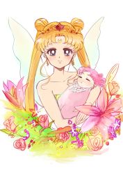 Rule 34 | 1girl, aged down, baby, baby carry, bishoujo senshi sailor moon, blanket, blonde hair, blue eyes, carrying, chibi usa, closed eyes, cone hair bun, crescent, crescent facial mark, crown, double bun, earrings, facial mark, flower, forehead mark, hair bun, jewelry, kaerusan-suki-chu, lily (flower), long hair, mother and daughter, neo queen serenity, pink hair, rose, simple background, sleeping, small lady serenity, tsukino usagi, twintails, very long hair, wings