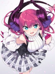 Rule 34 | + +, 10s, 1girl, asymmetrical horns, bare shoulders, blue eyes, breasts, curled horns, dragon girl, dragon horns, dragon tail, dress, elizabeth bathory (fate), elizabeth bathory (fate/extra ccc), elizabeth bathory (second ascension) (fate), fang, fate/extra, fate/extra ccc, fate (series), haruyuki (yukichasoba), highres, horns, leaning forward, long hair, pink hair, plaid, plaid skirt, pointy ears, skirt, small breasts, solo, tail, two side up, uneven horns