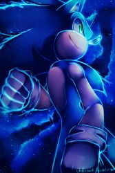Rule 34 | 1boy, animal ears, artist name, blue background, blue hair, blue outline, clenched hands, closed mouth, furry, furry male, gloves, green eyes, hand up, happy, heart, highres, looking back, male focus, night, outline, sky, smile, solo, sonic (series), sonic the hedgehog, spacecolonie, standing, star (sky), starry sky, tumblr username, white gloves