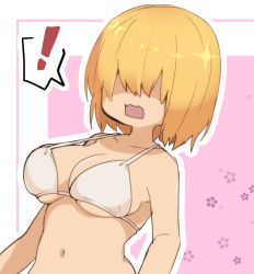 Rule 34 | !, 1girl, alice margatroid, bikini, blonde hair, breasts, commentary request, cookie (touhou), hair between eyes, hair over eyes, jigen (cookie), large breasts, nahori (hotbeans), navel, open mouth, short hair, solo, spoken exclamation mark, swimsuit, touhou, underboob, upper body, white bikini