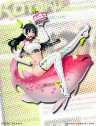 Rule 34 | 10s, 1girl, 2010, ankle wrap, black hair, boots, breasts, cake, detached sleeves, fish, food, hand on own hip, headset, jason chan, koi, kotaku, kotaku-tan, large breasts, mascot, midriff, navel, official art, red eyes, smile, solo, thigh boots, thighhighs, watermark, web address