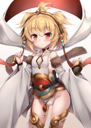 Rule 34 | 10s, 1girl, ahoge, andira (granblue fantasy), animal ears, bare shoulders, blonde hair, blush, breasts, cameltoe, detached sleeves, erune, fur trim, granblue fantasy, highres, kokutou (kazuakifca), looking at viewer, monkey ears, monkey girl, monkey tail, red eyes, short hair, sideboob, simple background, small breasts, solo, standing, tail, thighhighs, thighs