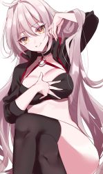 Rule 34 | 1girl, ahoge, bad id, bad twitter id, bikini, bikini top only, black bikini, black jacket, black thighhighs, blush, breasts, choker, cleavage, collarbone, cropped jacket, crossed legs, fate/grand order, fate (series), grin, hair between eyes, hand in own hair, hand on own chest, head tilt, highres, jacket, jeanne d&#039;arc alter (swimsuit berserker) (fate), jeanne d&#039;arc (fate), jeanne d&#039;arc alter (fate), jeanne d&#039;arc alter (swimsuit berserker) (fate), large breasts, leaning to the side, long hair, looking at viewer, misumi (macaroni), o-ring, o-ring bikini, shrug (clothing), silver hair, simple background, sitting, smile, solo, swimsuit, thighhighs, thighs, very long hair, white background, yellow eyes