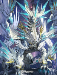 Rule 34 | 10s, blue eyes, claws, closed mouth, crystal dragon, dragon, looking at viewer, no humans, official art, rock, shingeki no bahamut, space, spikes, standing, star (sky), takayama toshiaki, watermark, wings