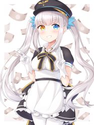 Rule 34 | 1girl, apron, bad id, bad pixiv id, black bow, black hat, black skirt, blue eyes, blush, bow, breasts, brown eyes, collared shirt, commentary, double v, dress shirt, english commentary, frilled apron, frills, gloves, grey hair, grin, hands up, hat, heterochromia, highres, kagura gumi, kagura mea, long hair, looking at viewer, medium breasts, money, pantyhose, peaked cap, puffy short sleeves, puffy sleeves, seventeen (st17215), shirt, short sleeves, skirt, smile, smug, solo, twintails, v, very long hair, virtual youtuber, waist apron, white apron, white background, white gloves, white pantyhose, white shirt
