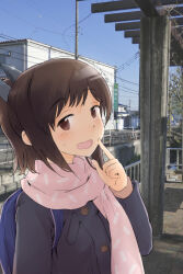 Rule 34 | 1girl, alternate costume, backpack, bag, black coat, blue sky, blush, brown eyes, brown hair, building, coat, commentary request, day, finger to cheek, hair ornament, highres, i-401 (kancolle), index finger raised, kantai collection, kashmir, long sleeves, looking at viewer, open mouth, outdoors, photo background, pink scarf, ponytail, power lines, scarf, sidelocks, sky, smile, solo, sweatdrop, town, upper body, urban, utility pole